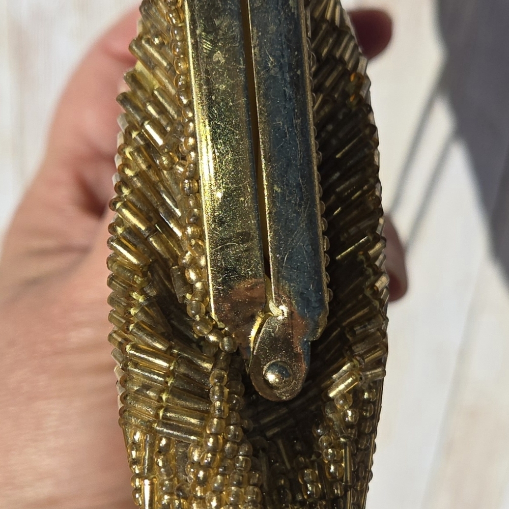 Vintage Gold Amber Beaded Evening Bag Clutch w/ Chain Strap Prom Wedding - Picture 9 of 12